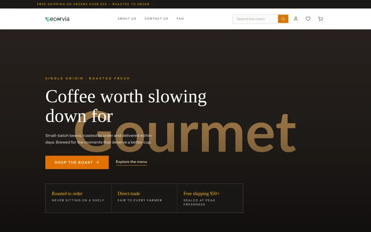 A live storefront running on Yammbo — the Decorvia demo shop, with its own branding, nav, search and cart